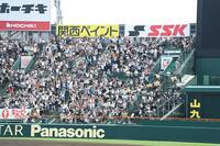 自然発生したウエーブに乗ってバンザイするセンターの観客＝２３日、甲子園（撮影・開出牧）