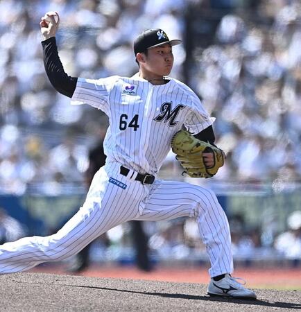 昭和の大投手たちを思い出させるダイナミックなフォームのロッテ・広池康志郎＝１７日、ＺＯＺＯマリンスタジアム（撮影・開出牧）