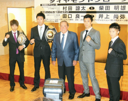 会見を行った（右から）井上尚弥、村田諒太、ボブ・アラム氏、柴田明雄、田口良一＝東京都千代田区のホテルグランドパレス