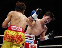 　３回、ファーランの右を浴び崩れる宮崎（撮影・山口登）