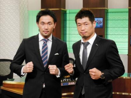 「ＷＯＷＯＷエキサイトマッチ」の収録を行った山中慎介（左）と長谷川穂積