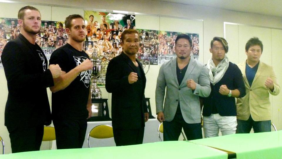 　グローバル・タッグリーグ戦に出場する（左から）ヘイスト＆ニコルス、田中将斗＆杉浦貴、丸藤正道＆中嶋勝彦