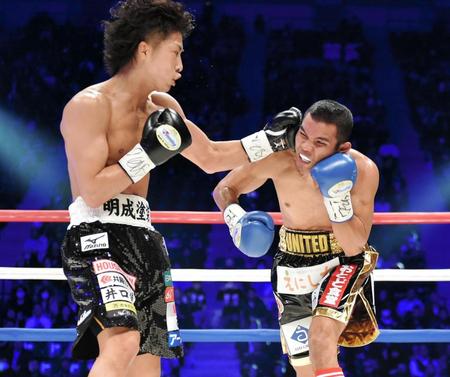 ２回、パレナスから２度目のＫＯを奪う井上尚弥（左）＝東京都江東区の有明コロシアム（撮影・出月俊成）