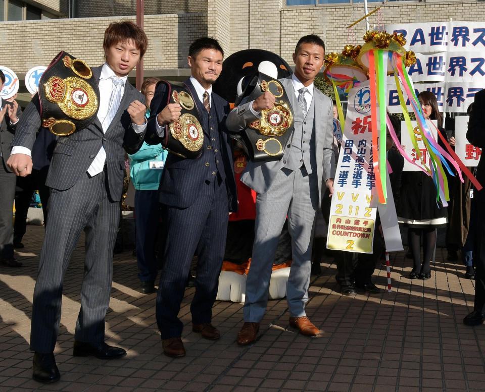品川区役所に表敬訪問に訪れた（左から）田口良一、河野公平、内山高志＝（撮影・堀内翔）