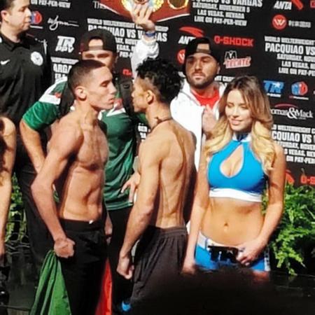 　計量をクリアしにらみ合う大沢宏晋（右）と王者オスカル・バルデス