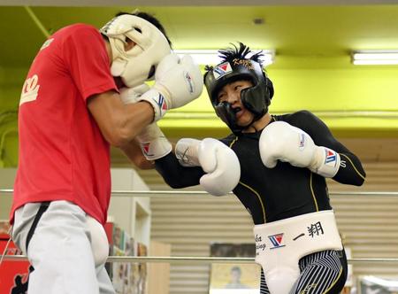 スパーリングで相手のアゴをとらえる井岡一翔（右）＝井岡ボクシングジム（撮影・田中太一）