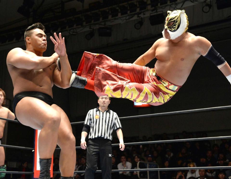 　ヘナーレ（左）にキックを見舞うタイガーマスク