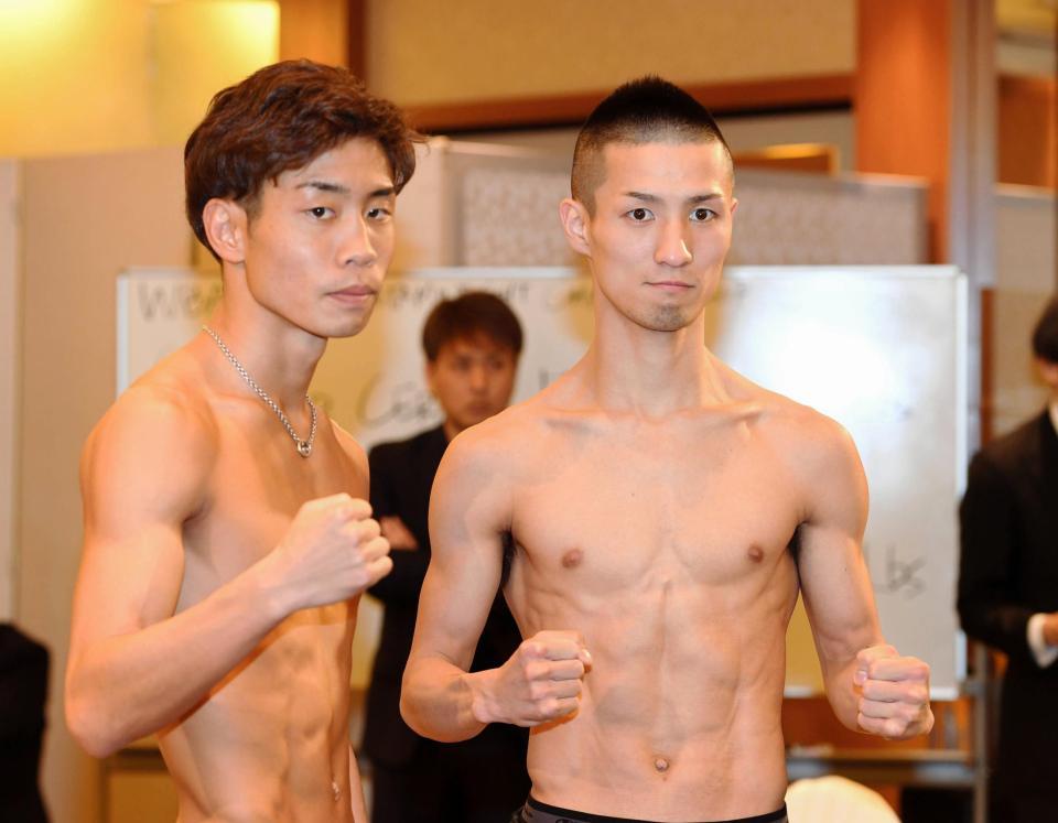 日本ミニマム級王座を争う同級１位の小西伶弥（右）と２位の谷口将隆＝大阪市内のホテル（撮影・佐藤厚）