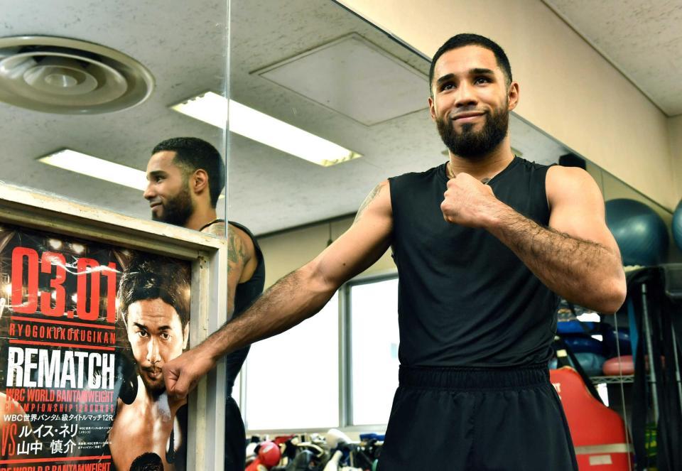 　山中の写真に向かってパンチを繰り出すルイス・ネリ