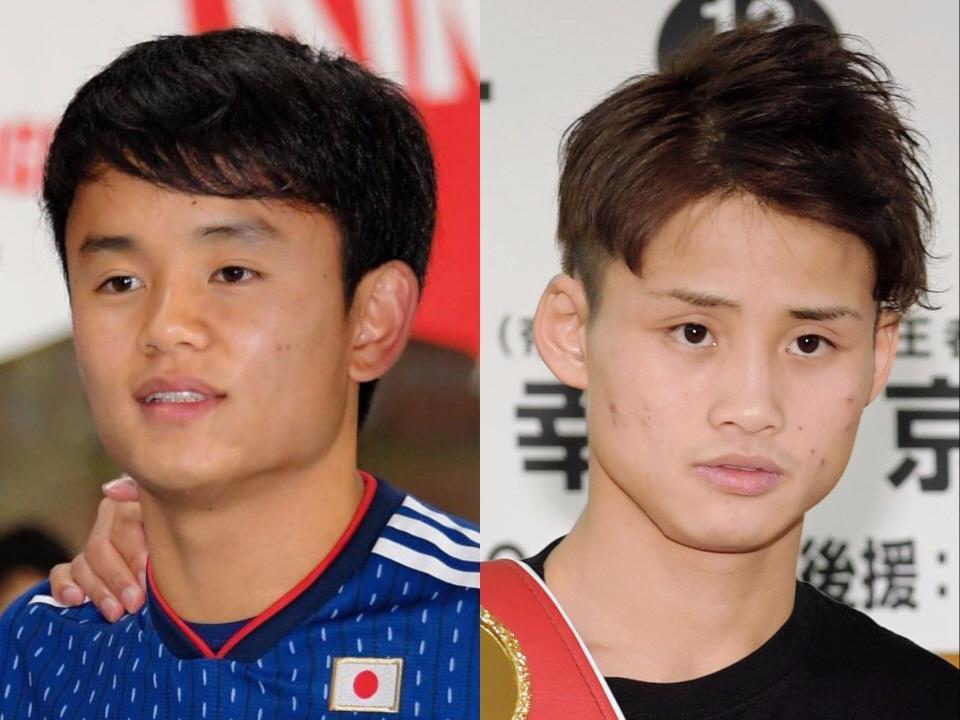 　サッカー日本代表ＦＷ久保建英（左）とＷＢＡ世界ライトフライ級スーパー王者の京口紘人