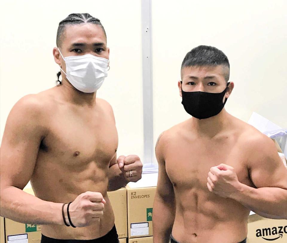 　前日計量をパスした細川チャーリー忍（左）と中島玲（金子ジム提供）