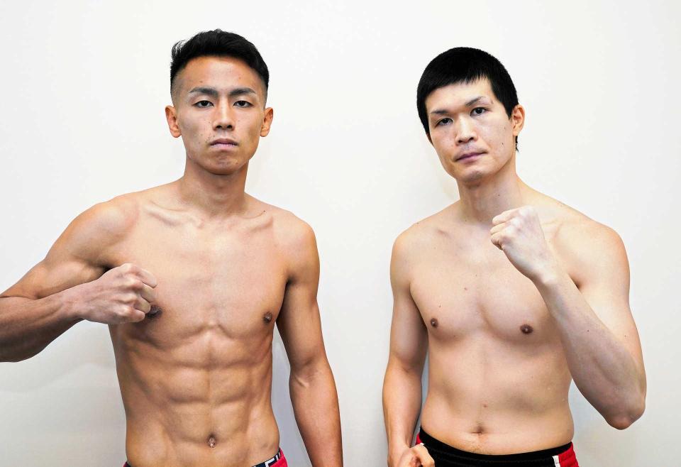 　デビュー戦の計量をパスした武居由樹（左）と相手の高井一憲（大橋ジム提供）