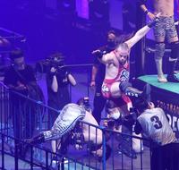 　場外で清宮海斗（左）を攻めるロブ・ヴァン・ダム＝さいたまスーパーアリーナ