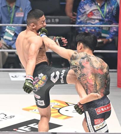 　１回、金太郎のパンチを顔面にもらう堀口恭司（撮影・高石航平）