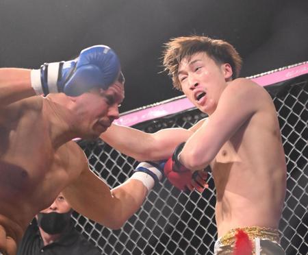 　３回　シリル・アビディ（左）にＫＯ勝ちする安保瑠輝也（撮影・堀内翔）