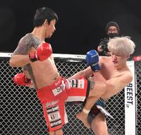 　激しく打ち合う啓之輔（左）、ジョリー（撮影・堀内翔）