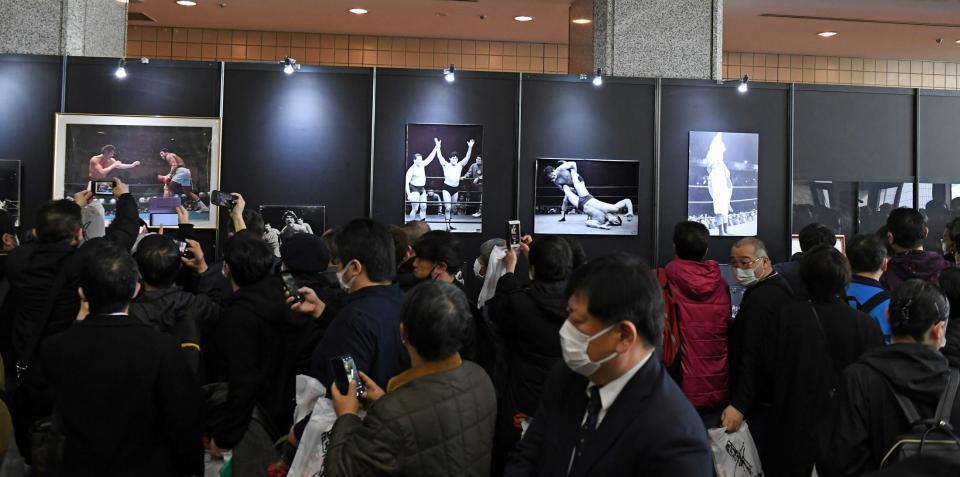 　アントニオ猪木さんの歴戦の数々を飾ったパネルを眺めるファン