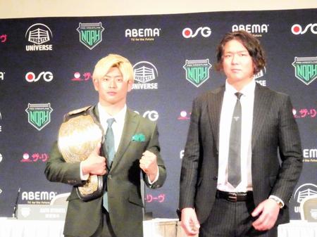 　１９日の横浜武道館でＧＨＣヘビー級選手権試合で５度目の防衛戦を行うノア・清宮海斗（左）と挑戦者のジェイク・リー