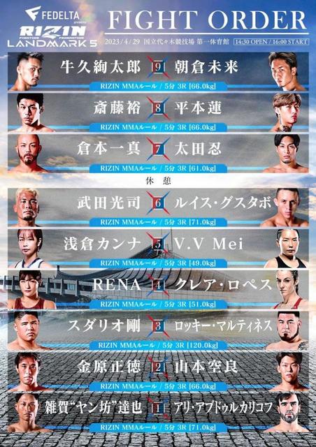 RIZIN 朝倉未来選手色々組み合わせセット RIZIN 4・29の試合順発表 朝倉未来－牛久絢太郎がメーン 平本