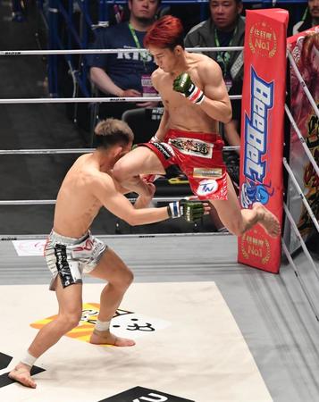 　元谷友貴（左）に膝蹴りをぶち込む朝倉海（撮影・佐々木彰尚）