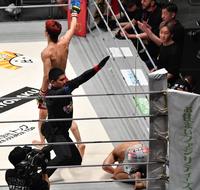 　元谷友貴をＫＯし、こぶしを突き上げる朝倉海（左）＝撮影・佐々木彰尚