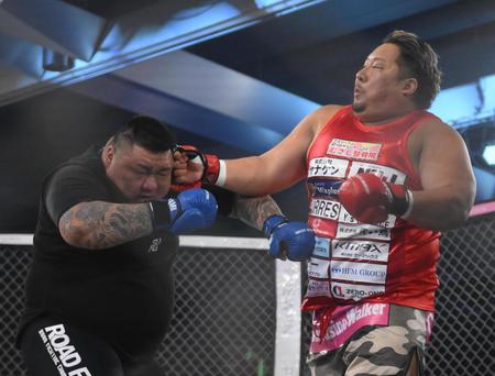 キム・ジェフンにパンチを出すノッコン寺田（撮影・堀内翔）