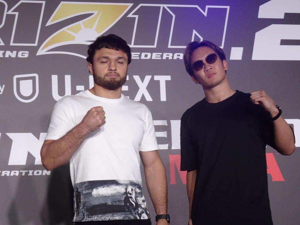 　７・３０「超ＲＩＺＩＮ．２」での意気込みを語る朝倉未来（右）とヴガール・ケラモフ