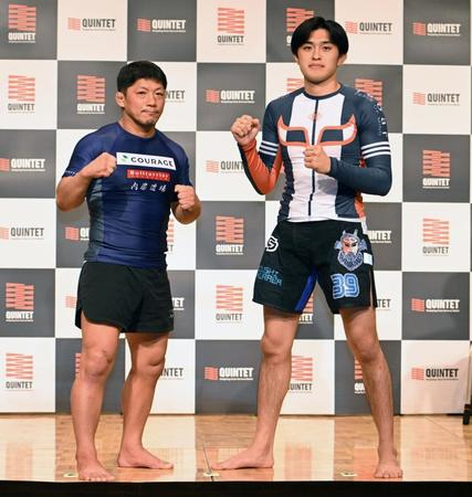 　内柴正人（左）を相手にプロデビュー戦に臨む桜庭大世（撮影・金田祐二）