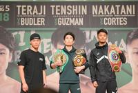 　直前会見で意気込みを語った（左から）那須川天心、寺地拳四朗、中谷潤人（撮影・伊藤笙子）