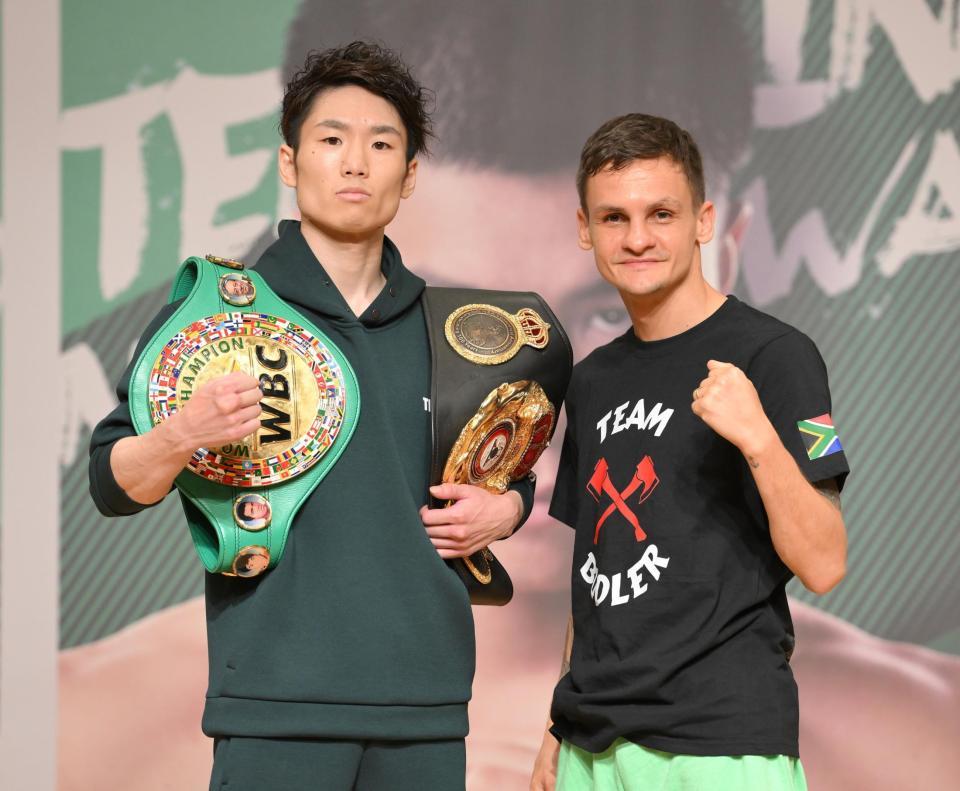 　対戦を前に気合を見せる寺地拳四朗（左）と挑戦者のヘッキー・ブトラー（撮影・伊藤笙子）