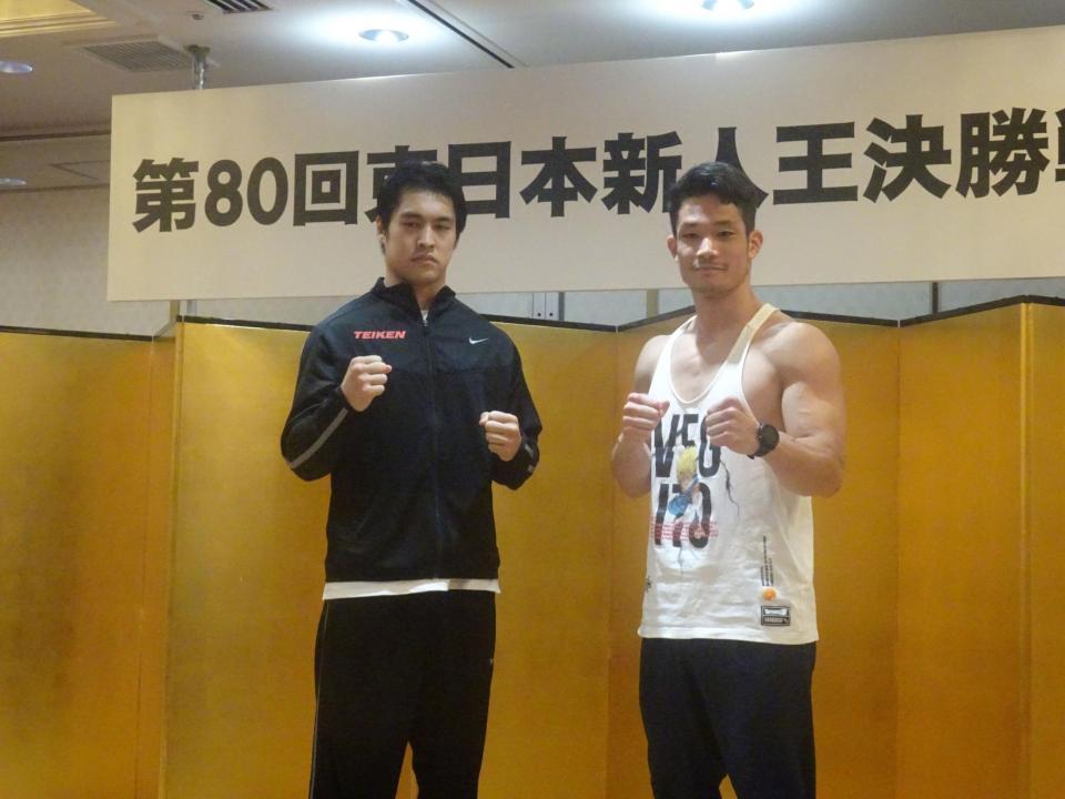 　東日本新人王トーナメント決勝戦ミドル級で対戦する赤井英五郎（左）とマッチョパパ一基