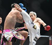 　としぞう（左）に蹴りを入れるダンチメン・あつき（撮影・堀内翔）