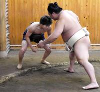 　若隆景（右）にぶつかる那須川龍心