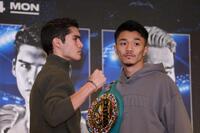 　闘志を燃やす中谷潤人とダビド・クエジャル（撮影・金田祐二）