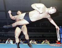 　ＩＷＧＰヘビー級王座で佐々木健介（左）を攻める西村修さん