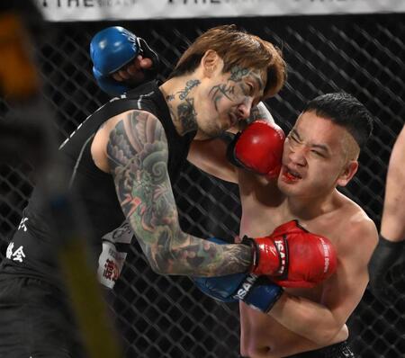 　パンチを出し合う瓜田純士（左）、せーや（撮影・堀内翔）