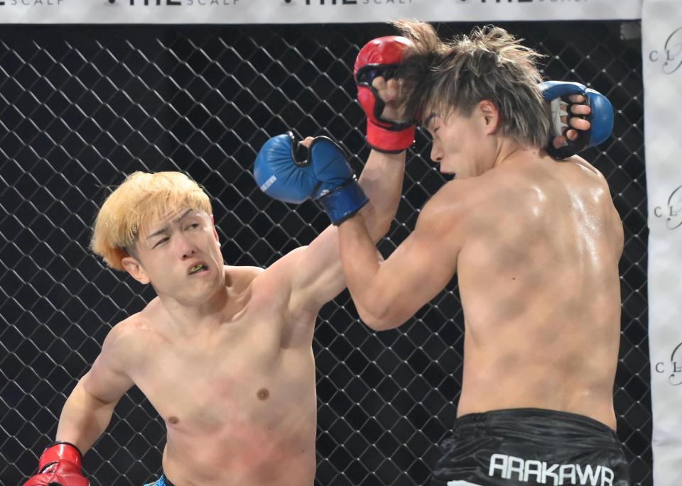 　細川一颯（右）にパンチを出す井原良太郎（撮影・堀内翔）