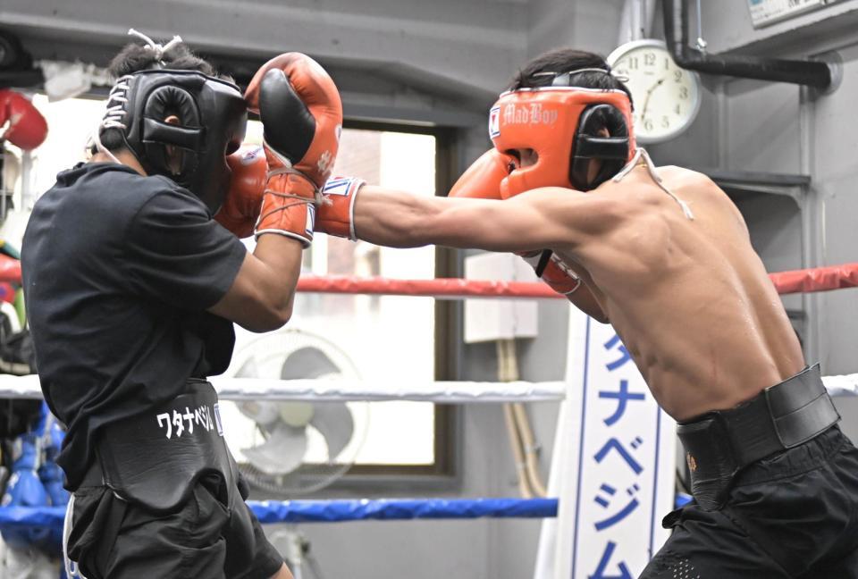 　スパーリングで強烈な左を決める京口紘人（右）＝撮影・持木克友