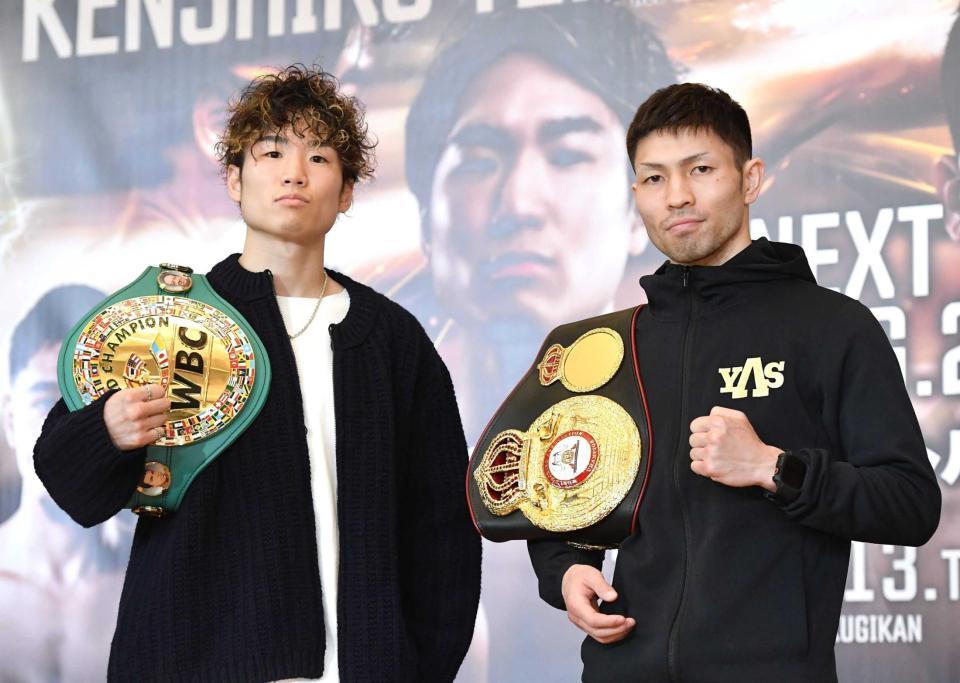 　決戦に向け闘志を燃やす寺地拳四朗（左）とユーリ阿久井政悟（撮影・開出牧）