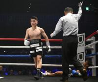 　２回、ブーンエルン・ファヨン（右下）に勝利した坪井智也（撮影・堀内翔）