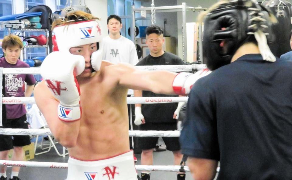 　日本スーパーフェザー級２位の砂川隆祐（手前）とスパーリングを行った井上尚弥＝大橋ジム提供