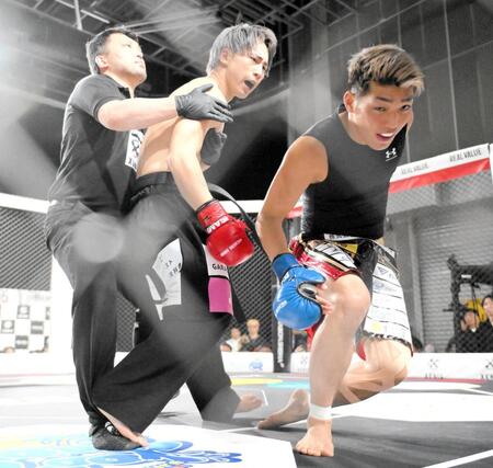 　よーでぃー（右）に勝利した大野篤貴（撮影・堀内翔）