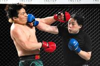 　てる（左）にパンチを出す、おせーよ山田（撮影・堀内翔）