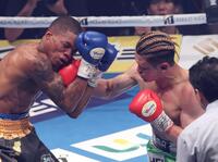 　３回、ハイメ・アルボレダに右フックをヒットさせる堤駿斗（撮影・金田祐二）