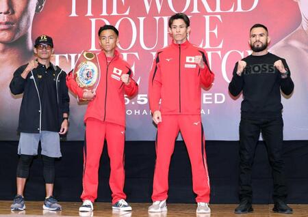 　壇上で意気込みを見せる（左から）ユッタポン・トンデイ、武居由樹、力石政法、エドアルド・ヌニェス（撮影・金田祐二）