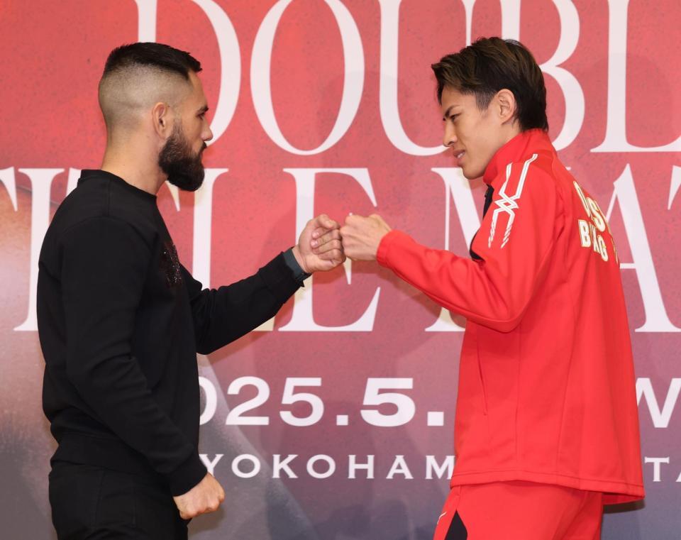 　健闘を誓うエドアルド・ヌニェスと力石政法（撮影・金田祐二）