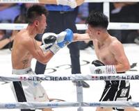 　１０回、バン・タオ・トラン（左）に右フックを浴びせる坪井智也（撮影・西岡正）