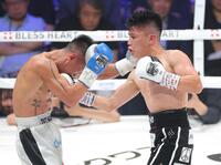 　１０回、バン・タオ・トラン（左）に右フックを浴びせる坪井智也（撮影・西岡正）