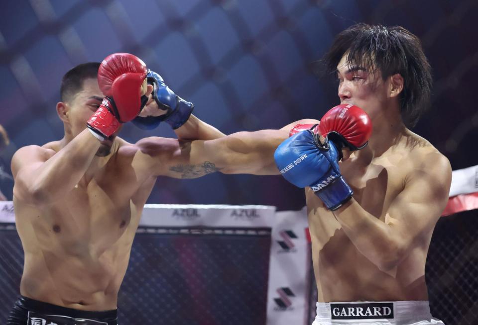 　ＮＡＯ（左）と打ち合う細川一颯（撮影・中田匡峻）