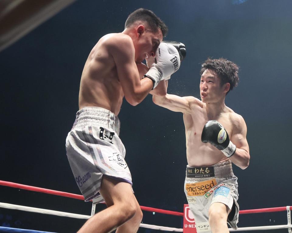 　３回、リカルド・サンドバルを攻める寺地拳四朗（撮影・石井剣太郎）